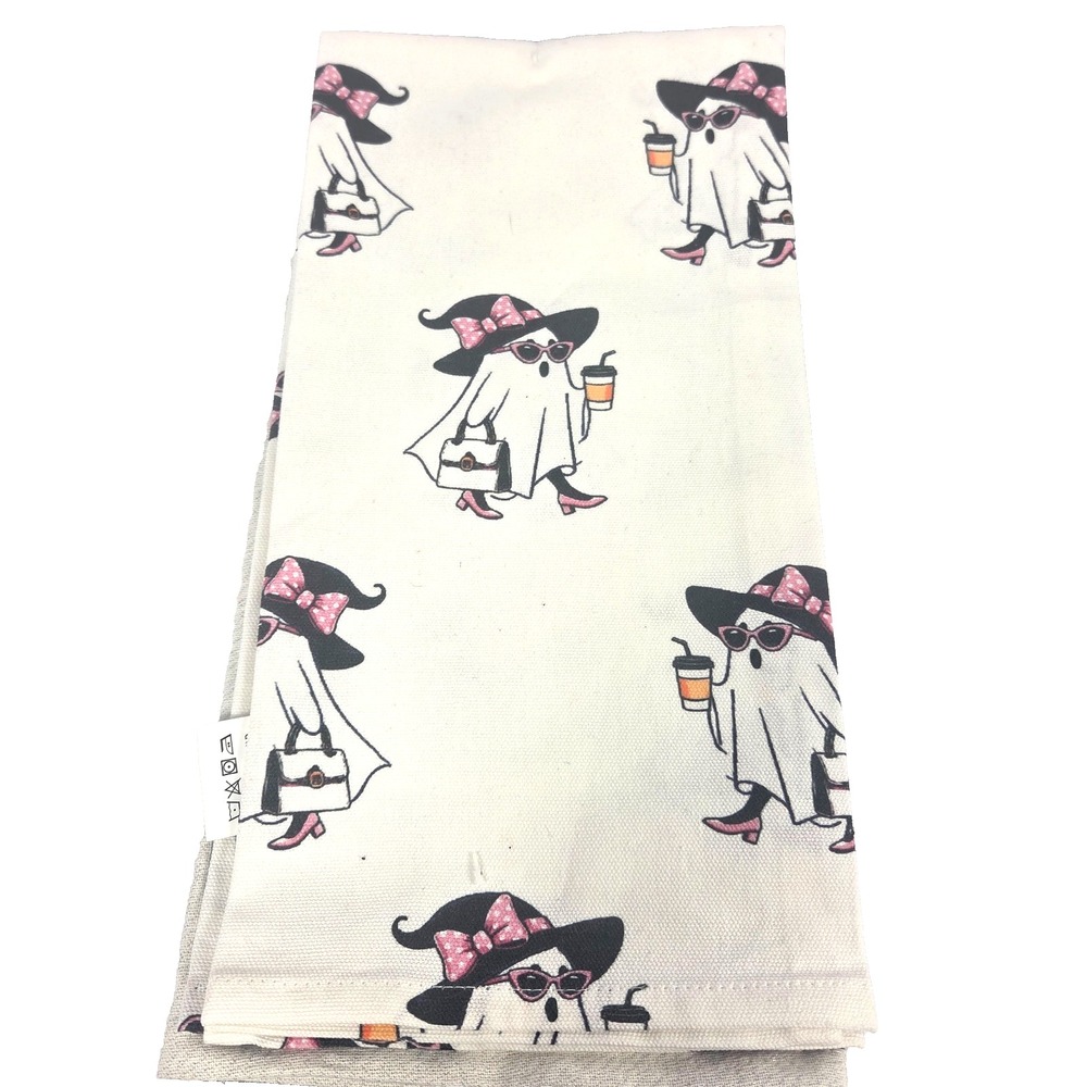 Halloween Ghost Kitchen Towels Set of 2 Pink Ghost Witch Coffee Embroidered20x28